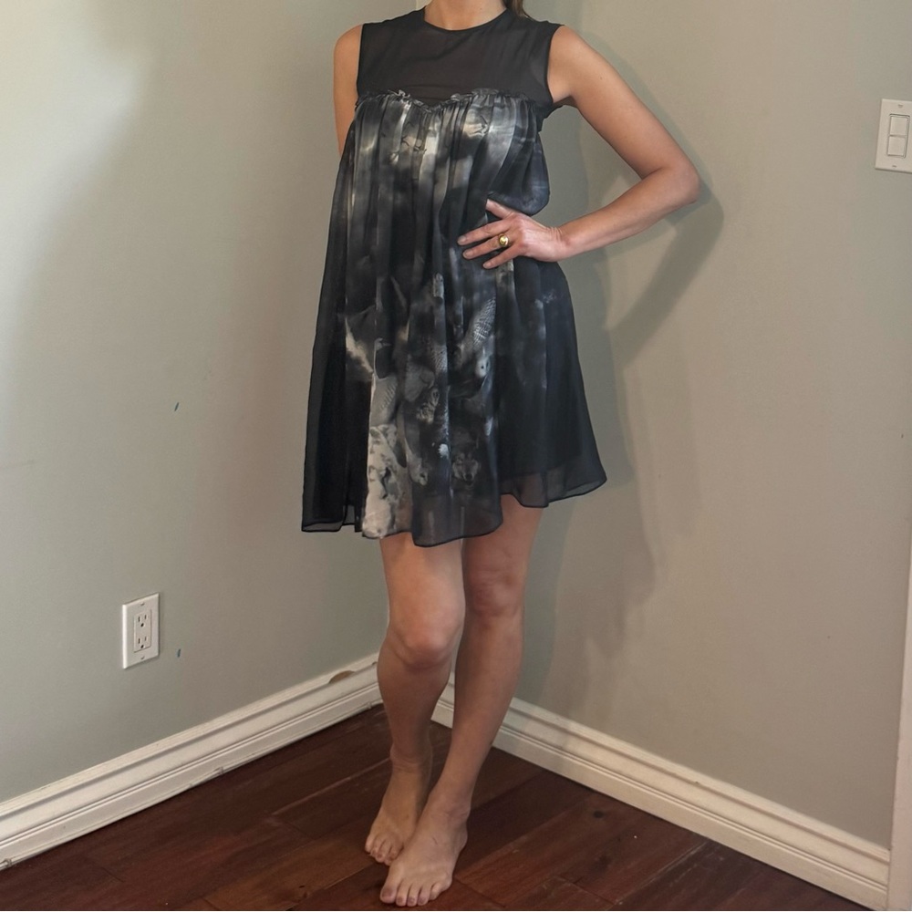 Emma Cook Silk Chiffon Babydoll Mini, Black Grey White Print Various Animals, 8